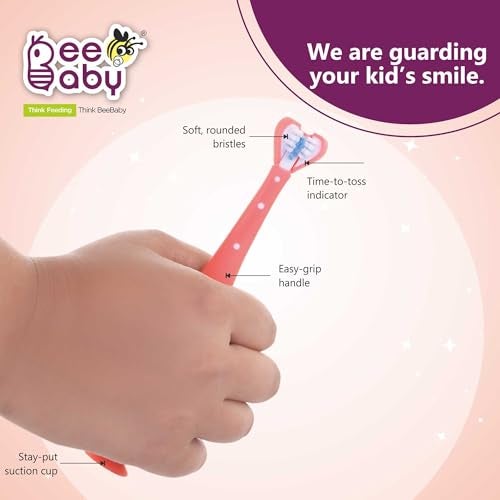 BeeBaby Triple Angle Brush Buddy Toothbrush for Kids 3-6 Years. Suction Cup, 3 Side Super Soft Time to Change Indicator Bristles Ideal for Milk & Permanent Teeth. 100% BPA Free. Pink - Image 4