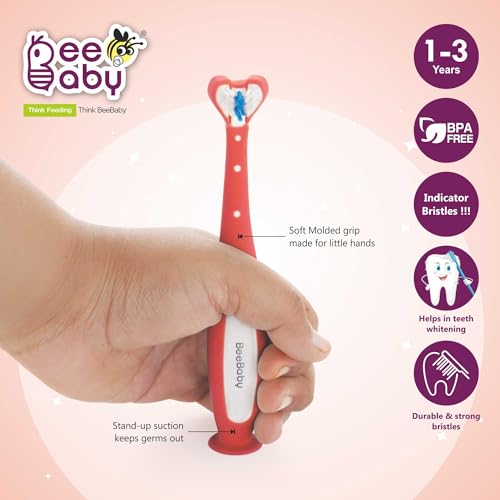 BeeBaby Triple Angle Brush Buddy Toothbrush for Kids 3-6 Years. Suction Cup, 3 Side Super Soft Time to Change Indicator Bristles Ideal for Milk & Permanent Teeth. 100% BPA Free. Pink - Image 3