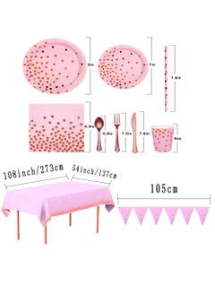 URbazaar 98PCS Pink and Gold Party Supplies Golden Dot Paper Party Dinnerware Includes Paper Plates, Napkins, Knives, Forks, 9oz Cups, Banner, for Graduation, Birthday party, Serves 12  - Image 2