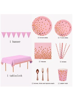URbazaar 98PCS Pink and Gold Party Supplies Golden Dot Paper Party Dinnerware Includes Paper Plates, Napkins, Knives, Forks, 9oz Cups, Banner, for Graduation, Birthday party, Serves 12  - Image 3