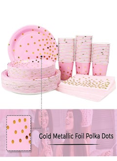 URbazaar 98PCS Pink and Gold Party Supplies Golden Dot Paper Party Dinnerware Includes Paper Plates, Napkins, Knives, Forks, 9oz Cups, Banner, for Graduation, Birthday party, Serves 12  - Image 4