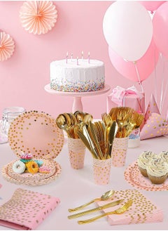 URbazaar 98PCS Pink and Gold Party Supplies Golden Dot Paper Party Dinnerware Includes Paper Plates, Napkins, Knives, Forks, 9oz Cups, Banner, for Graduation, Birthday party, Serves 12  - Image 5