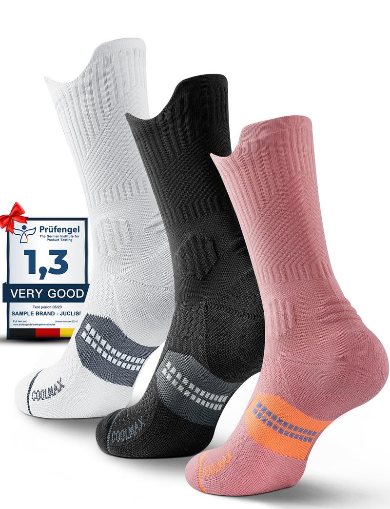 Juclise Bamboo Viscose Compression Running Crew Socks, Moisture Wicking Anti-Blister Hiking Athletic Cycling Gym Socks (US, Alpha, Medium, Regular, Regular, Classic Black+Glacier White+Dusty Pink) - Image 1
