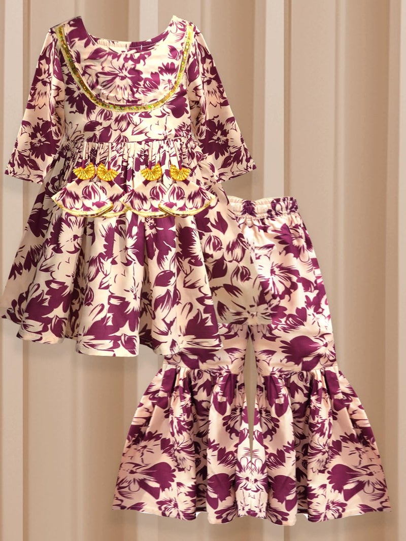 A.T.U.N. (ALL THINGS UBER NICE) A.T.U.N. Girls Ethnic Wear Sharara | Floral Cream and Wine Printed Kurta with Sharara Set for Girls - Image 3