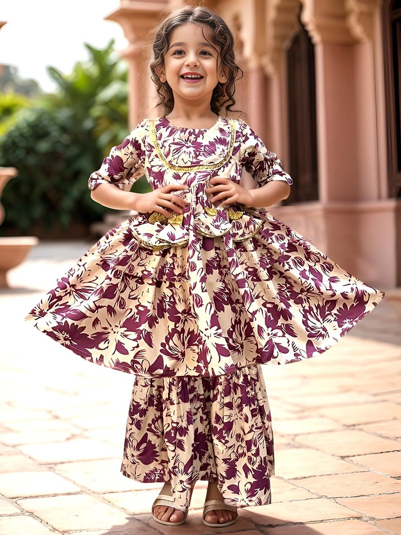 A.T.U.N. (ALL THINGS UBER NICE) A.T.U.N. Girls Ethnic Wear Sharara | Floral Cream and Wine Printed Kurta with Sharara Set for Girls - Image 2