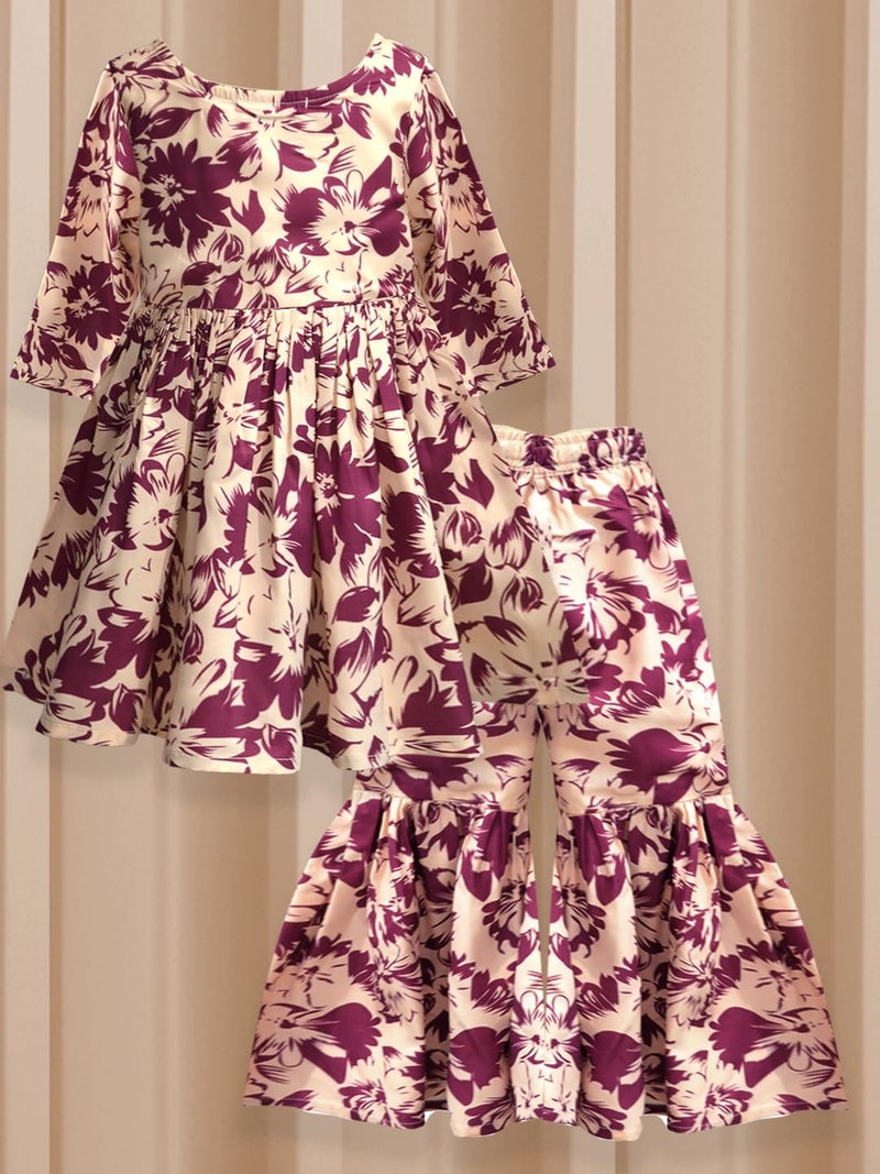 A.T.U.N. (ALL THINGS UBER NICE) A.T.U.N. Girls Ethnic Wear Sharara | Floral Cream and Wine Printed Kurta with Sharara Set for Girls - Image 4