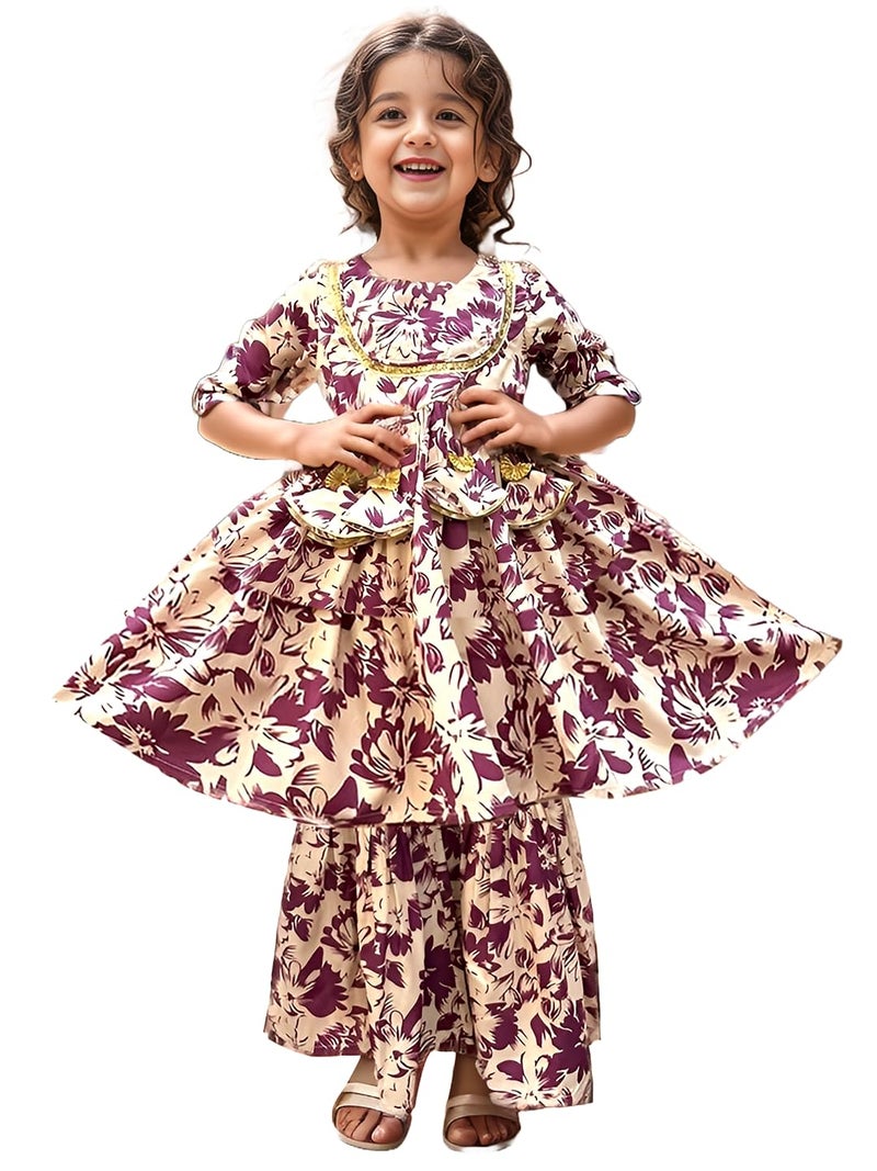 A.T.U.N. (ALL THINGS UBER NICE) A.T.U.N. Girls Ethnic Wear Sharara | Floral Cream and Wine Printed Kurta with Sharara Set for Girls - Image 1