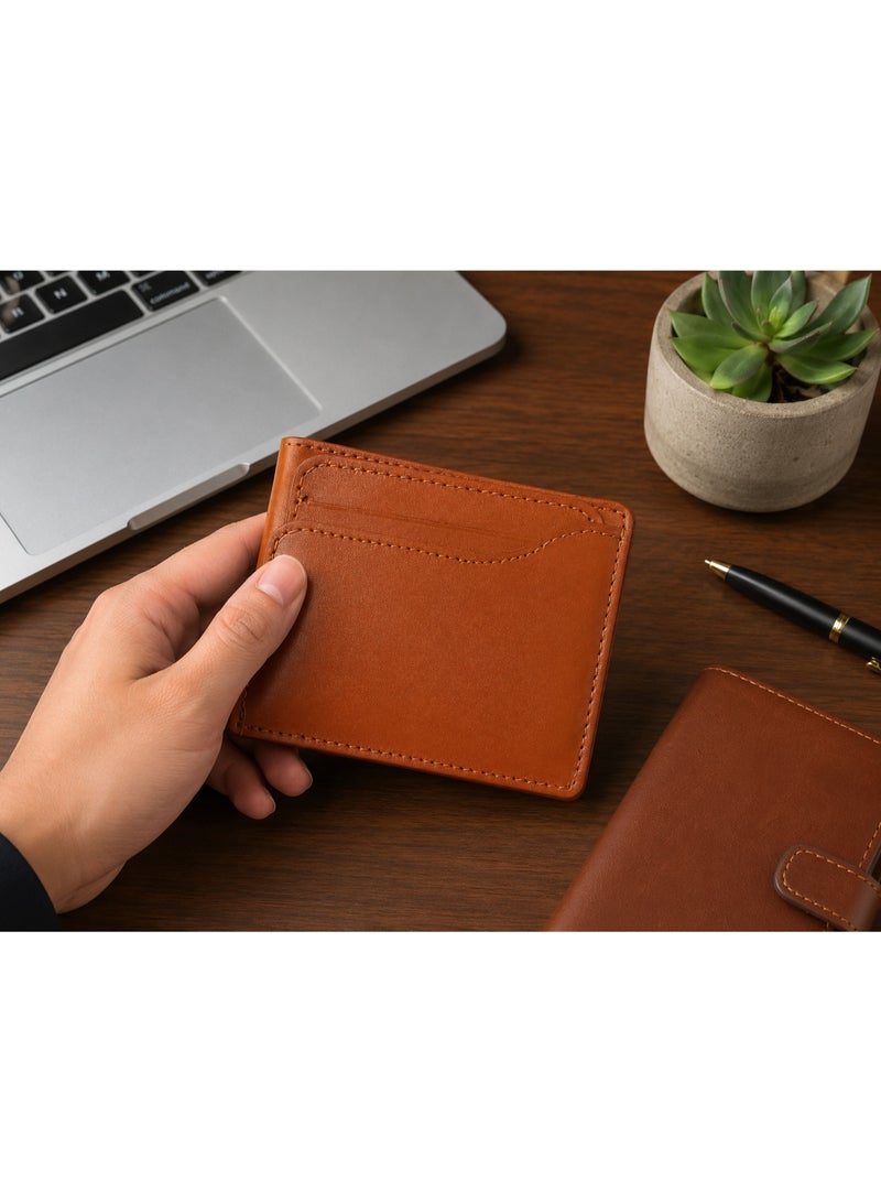 Men's Leather Bifold Wallet with Front Quick-Access Card Slot - Tan Brown - Image 3