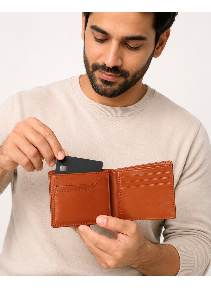 Men's Leather Bifold Wallet with Front Quick-Access Card Slot - Tan Brown - Image 2