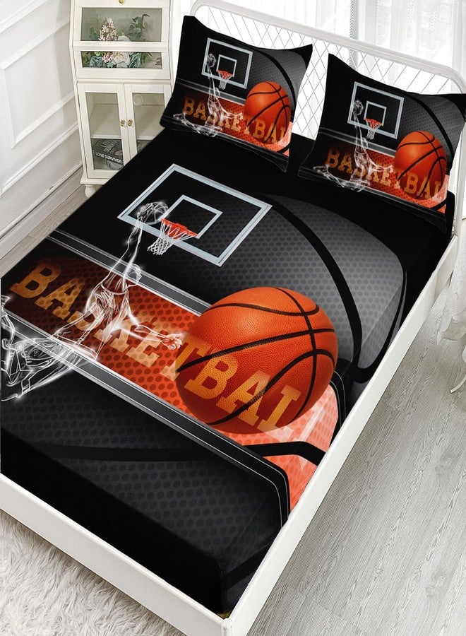 AILONEN 3D Basketball Fitted Sheet Twin Size, Sport Bedding Set for Boys Kids Teen, Basketball Sports Bed Sheet Set, 1 Fitted Sheet 2 Pillowcases, 3 PCS, Soft Microfibre - Image 2
