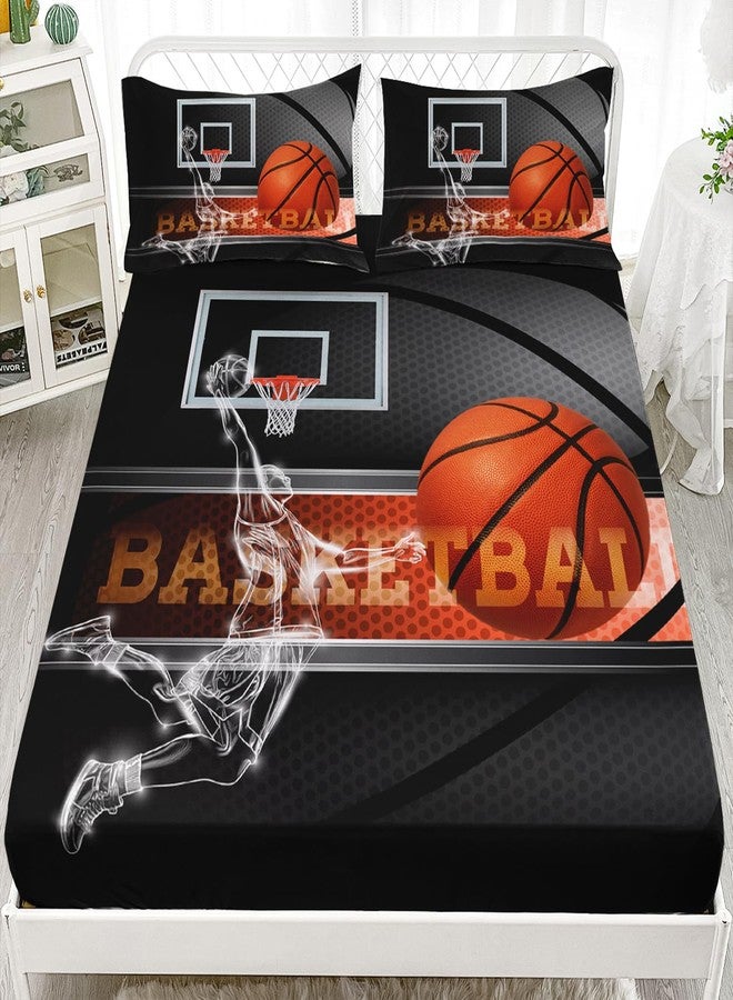 AILONEN 3D Basketball Fitted Sheet Twin Size, Sport Bedding Set for Boys Kids Teen, Basketball Sports Bed Sheet Set, 1 Fitted Sheet 2 Pillowcases, 3 PCS, Soft Microfibre - Image 1