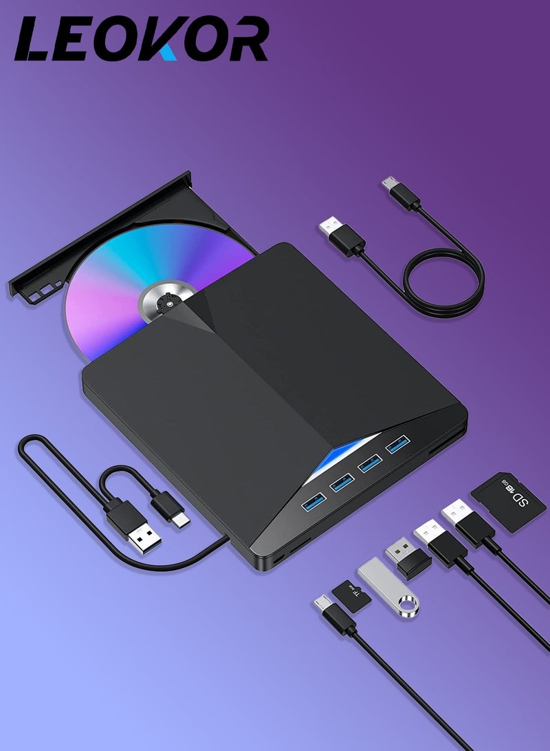ليوكور محرك أقراص CD / DVD خارجي، مشغل DVD USB 3.0 محمول 7 في 1، محرق CD / DVD، محرك DVD خارجي لجهاز اللابتوب متوافق مع أجهزة اللابتوب وPC على أنظمة ويندوز 11/10/8/7 ولينكس وماك OS - Image 1