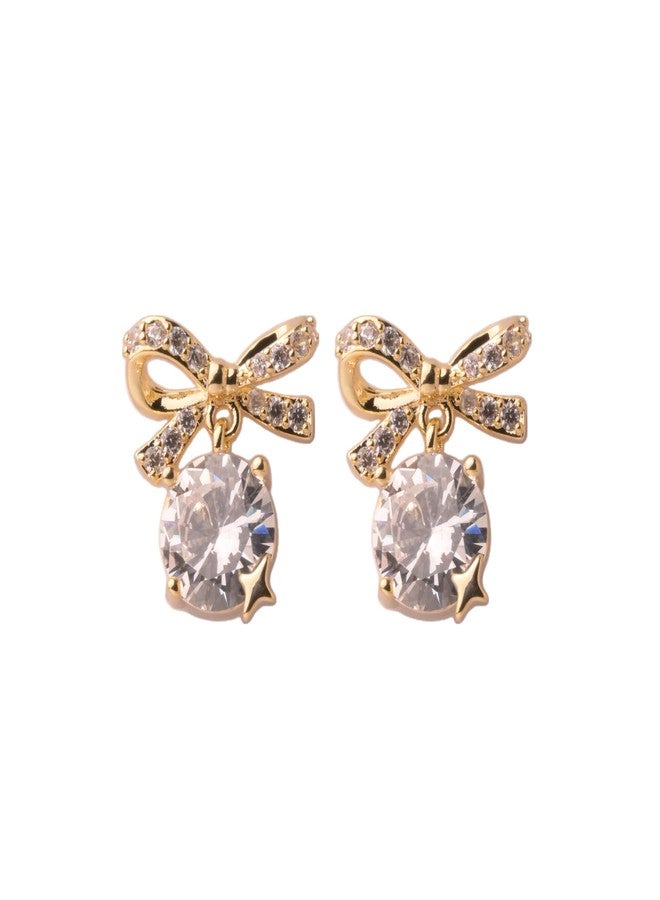 Emilia Gold-Tone Elegant Bow Stud Earrings for Women & Girls | Crystal-Cut AD Drop with Star Detail | Ideal for Party & Casual Wear - Image 1