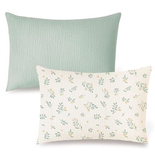 Konssy Muslin Toddler Pillowcase for 13x18 Pillow 2 Pack, 100% Cotton Toddler Pillow Case Cover, Soft & Breathable Travel Babay Kids Pillow Covers with Envelope Closure（Leafy, Green）