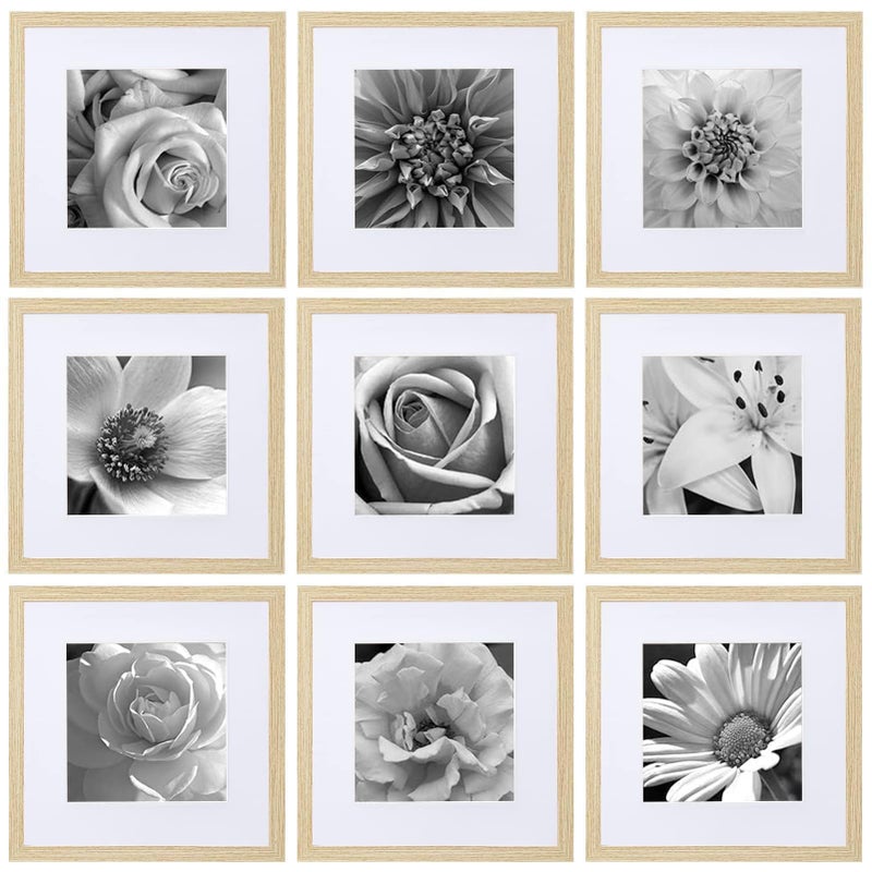 eletecpro 12x12 Picture Frames Set of 9 Farmhouse Gallery Wall Frame Set Displays 8x8 Photo with Mat or 12x12 without Mat Square Picture Frames Collage Wall Decor Natural Home Decor for Wall