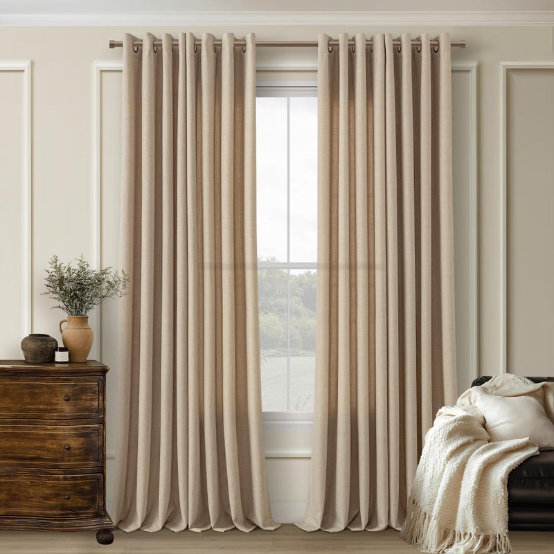 DUKIYO Tan Brown 96 Inch Linen Curtains 2 Panels Set Grommet Light Filtering Burlap Dark Flax Drapes Boho Farmhouse Semi Sheer Window Curtain 96 Inches Length for Hallway Living Room Sliding Patio Door - Image 1