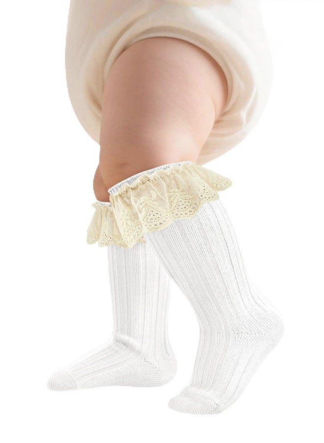 زاندو جوارب زاندو للأطفال الصغار تصل إلى الركبة، جوارب طويلة تصل إلى الفخذ، جوارب بيضاء دافئة للبنات مزينة بكشكشة لطيفة، جوارب بيضاء للأطفال من عمر 6 إلى 12 شهرًا - Image 1