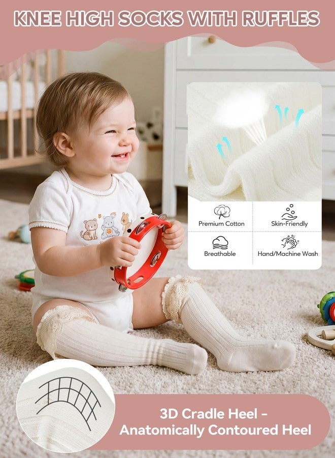 زاندو جوارب زاندو للأطفال الصغار تصل إلى الركبة، جوارب طويلة تصل إلى الفخذ، جوارب بيضاء دافئة للبنات مزينة بكشكشة لطيفة، جوارب بيضاء للأطفال من عمر 6 إلى 12 شهرًا - Image 3