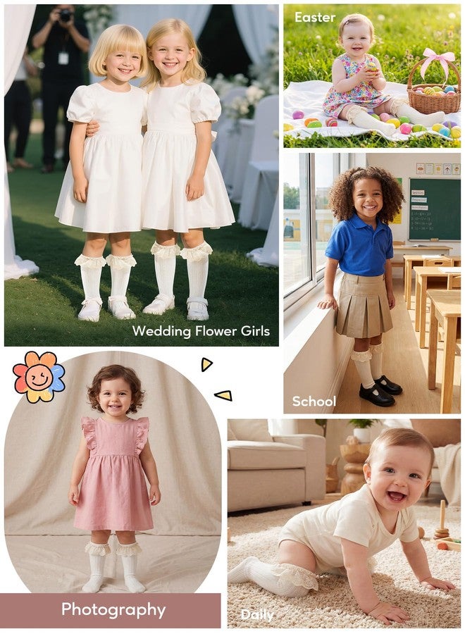 زاندو جوارب زاندو للأطفال الصغار تصل إلى الركبة، جوارب طويلة تصل إلى الفخذ، جوارب بيضاء دافئة للبنات مزينة بكشكشة لطيفة، جوارب بيضاء للأطفال من عمر 6 إلى 12 شهرًا - Image 2