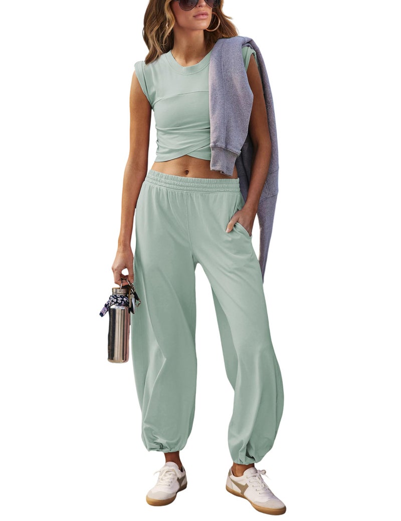 Springrain Womens Two Pieces Outfits Casual Lounge Sets Cropped Tops Sweatpants Tracksuit with Pockets(Teal-L) - Image 1
