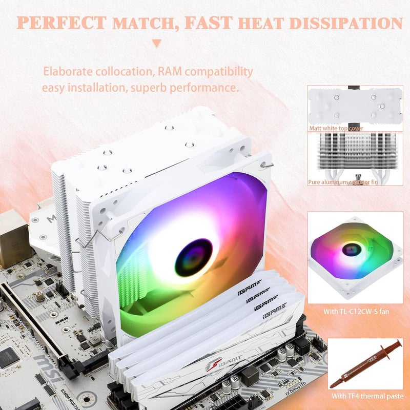 ثيرمالرايت مبرد هواء CPU من Thermalright Assassin King 120 SE White ARGB، AK120 SE White ARB، 5 أنابيب حرارية، مروحة هادئة TL-C12CW-S PWM مع محمل S-FDB، متوافق مع AMD AM4/AM5/Intel LGA1700/1150/1151/1200/1851 - Image 5