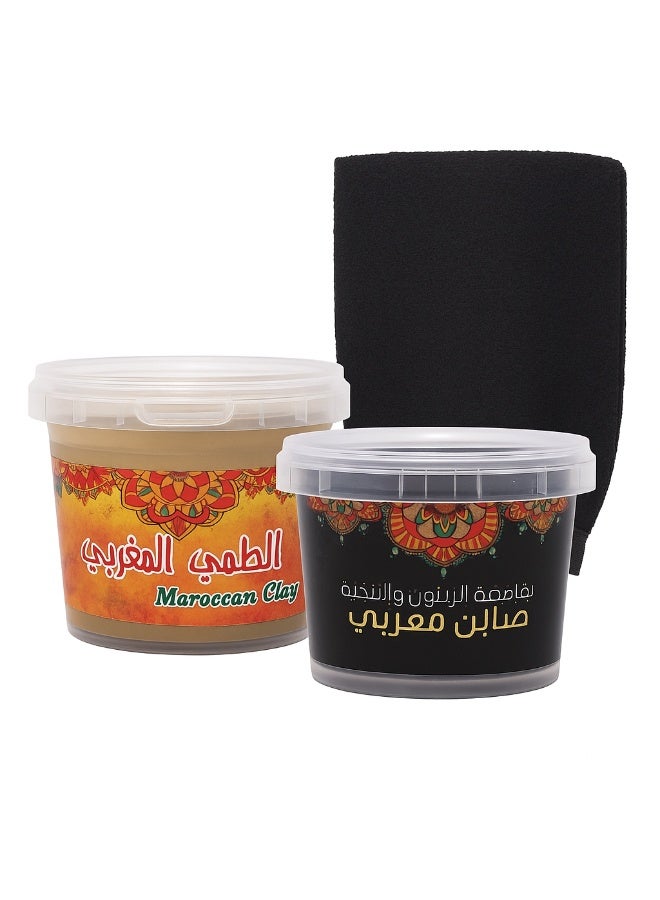 طقم الحمام المغربي الفاخر – صابون مغربي500 جرام + طمي مغربي + لوفة تقشير أصلية