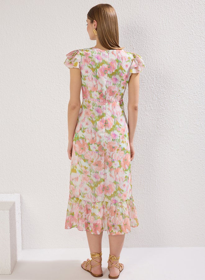 trendyol Multicolored Floral Print A-Line Ruffle Chiffon Flight Woven Midi Dress - Image 4