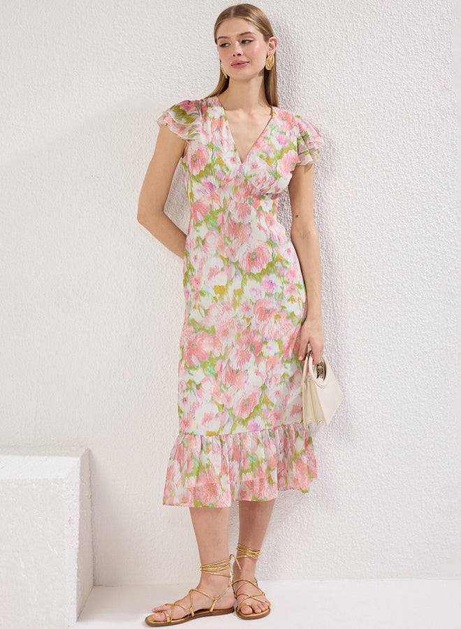 trendyol Multicolored Floral Print A-Line Ruffle Chiffon Flight Woven Midi Dress - Image 1