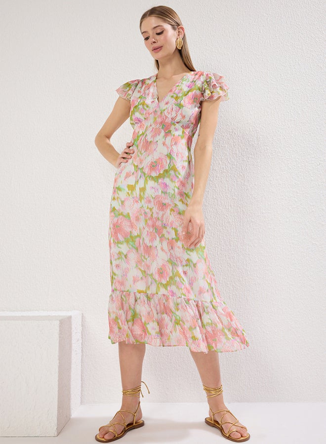 trendyol Multicolored Floral Print A-Line Ruffle Chiffon Flight Woven Midi Dress - Image 2