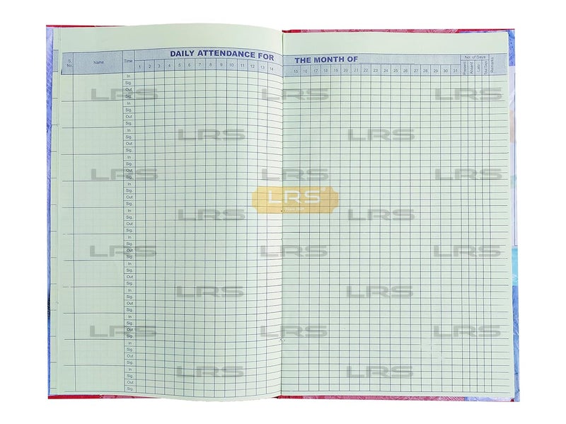 LRS دفتر الحضور اليومي مع عمود الوقت والتوقيع - حجم السجل - 34 * 21 سم - ورق دفتر 75 جرام - غلاف صلب - 12 إدخال لكل صفحة - 90 صفحة - عبوة من 1 - Image 1