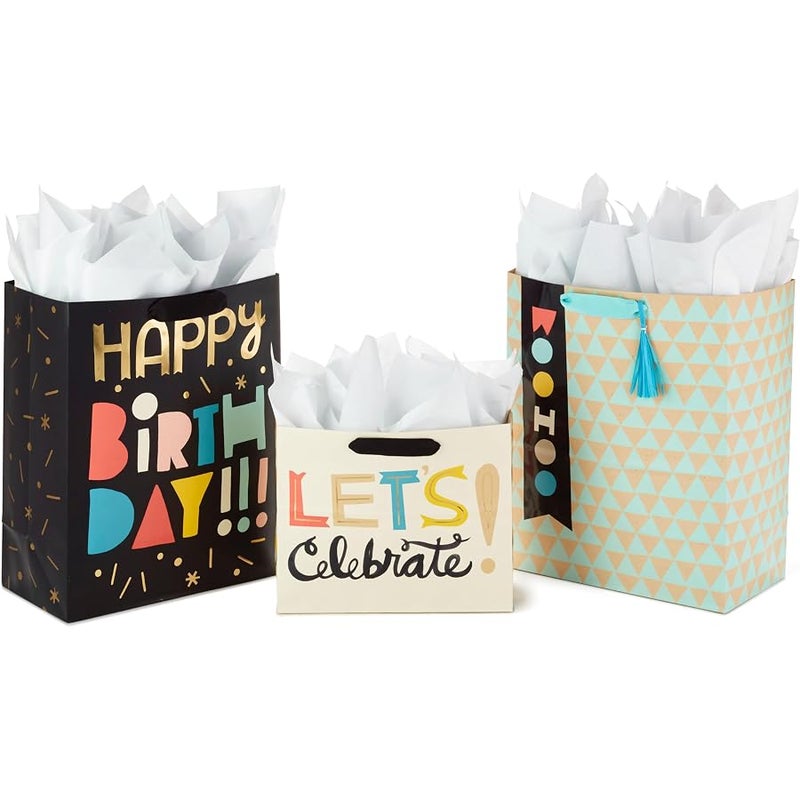 Hallmark 5EGB6054 Assorted Birthday Gift Bag, White and Kraft, Pack of 3 2 Lg/1 Med 5EGB6424 - Image 1