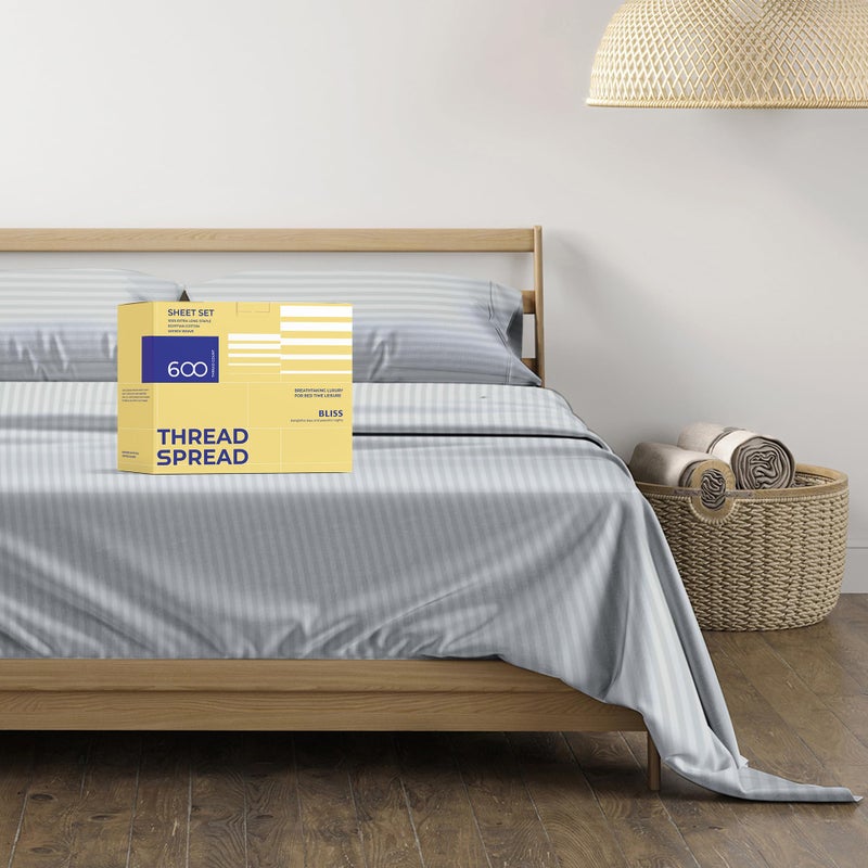 THREAD SPREAD Luxury Egyptian Cotton King Stripe Sheet Set 600 Thread Count Extra Long Staple 4 PC Set King Damask Sheets Soft Cooling Sateen Weave Sheets Upto 18 Deep Pocket  Silver Grey