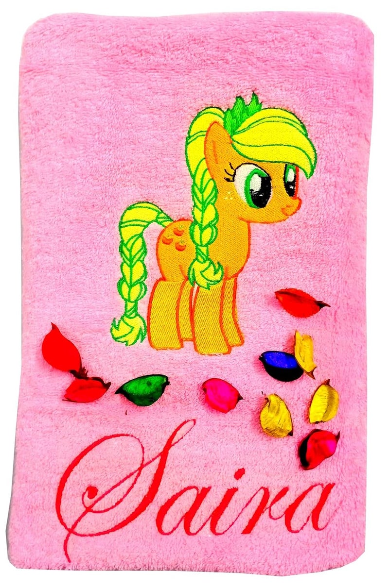 TurtleLittle Cotton Applejack Pony Unicorn Personalised Kids Bath Towel 500 GSM Set of 1 Pink - Image 1