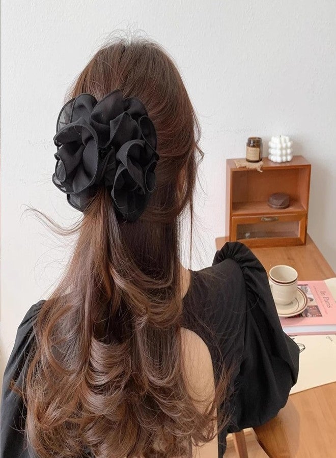 Melodio 2Pcs Black Large Chiffon Claw,Clip Hair Bow Large Size Fabric Ribbon Flower Rose For Women Clamps Accessories Clips,Jaw Claw Hair Clips Hair Accessories - Image 4