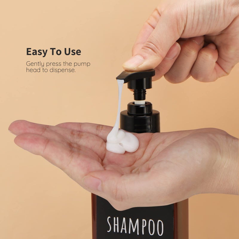 Segbeauty 16.9oz Shampoo Bottles, Segbeauty 3pcs 500ml Pump Press Shower Containers with Labels, Empty Refillable Shampoo Body Soap Conditioner Shower Gel Plastic Bathroom Press Lotion Dispenser Amber - Image 4