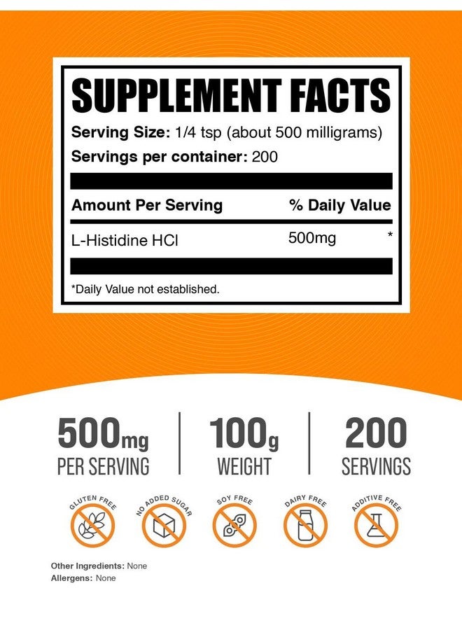 BulkSupplements مسحوق L-Histidine HCl من BulkSupplements.com - مكمل L-Histidine، هيستيدين 500 ملغ - حمض أميني أساسي، خالي من الغلوتين، 500 ملغ لكل حصة، 100 غرام (3.5 أونصة) (عبوة من 1) - Image 2