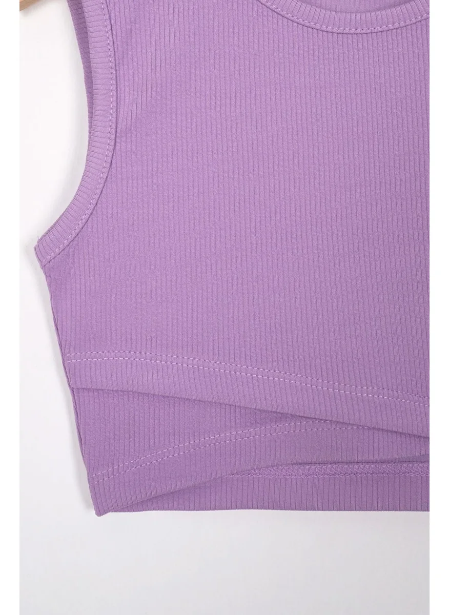 زيبكيدز Crew Neck Zero Sleeve Cross Waist Detailed Lilac Color Girl T-shirt