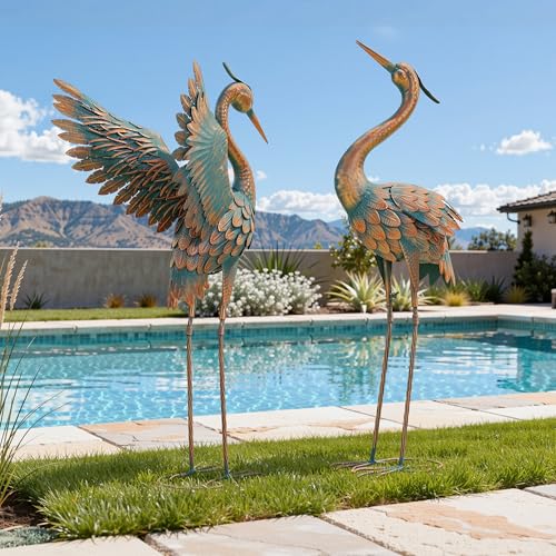 Ultym Extra-Large 36.8" Metal Crane Garden Statue, Handcrafted Blue Heron Decor Sculptures with Stable U-Ground Stakes, Backyard Decoration, Metal Garden Bird Animal Yard Art, Lawn Ornament Decor - Image 1