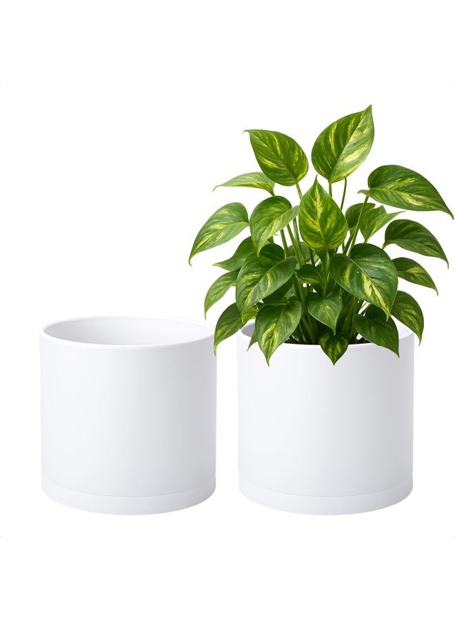 D'vine Dev 2 Pack 8 Inch Modern Plastic Plant Pots, Small Garden Planters for Plant with Drainage Holes and Saucers, White Color, 74-Z-M-1 - Image 1