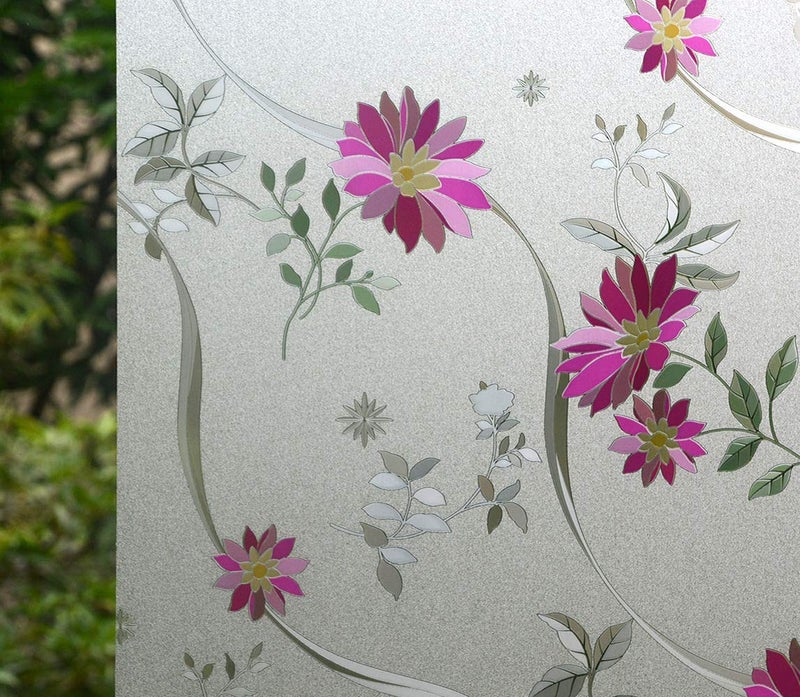 VSUDO 1 Roll 17.7" by 78.7" Window Film for Privacy, Purple Chrysanthemum Pattern Window Tint for Home, Window Glass Sticker for Office (9.68 Sq. Ft Total)