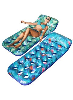 FindUWill Inflatable Pool Floats Raft 2 Pack Inflatable Pool Float With Headrest For Adults X Large Cooling Pool Floaties Contour Lounger (Monstera Green & Monstera Blue)  - Image 1