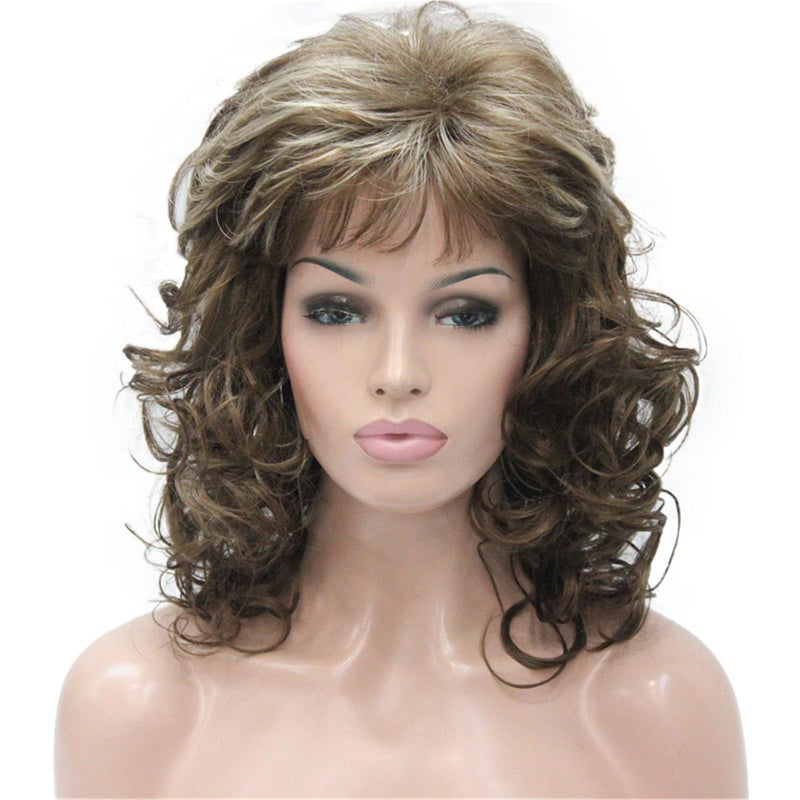 Aimole Women's Natural Long Curly Wig Synthetic Hair Full Wigs(12TT26-Brown Highlighted)