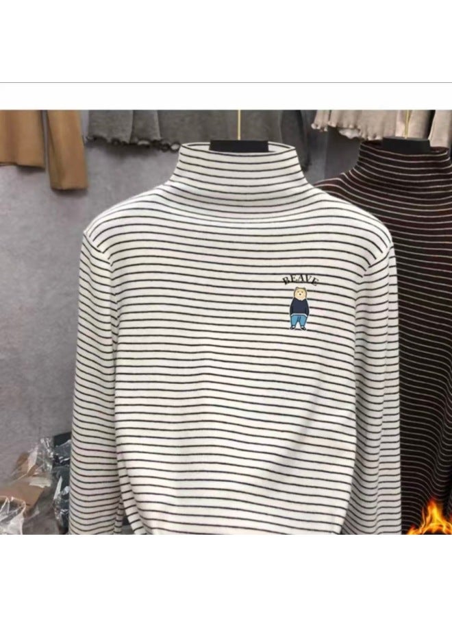 Children's Velvet Base Layer Shirt Semi-turtle Neck Long Sleeve T-shirt Trendy Simple Striped Top Velvet Warm Shirt For Boys And Girls - Image 1
