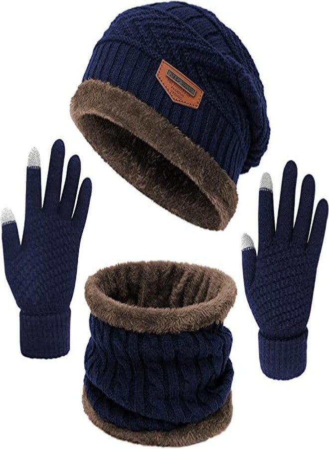 Missby® Winter Hat Scarf Gloves for Men Women - Fleece Lined Slouchy Beanie Snow Knit Skull Cap Circle Scarves Touch Screen Gloves (Blue(NeckSet+Gloves)) - Image 1