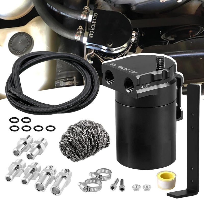 RULLINE Universal 350ml Reservoir Tank Oil Catch Can with Bracket - Black Aluminum Polish Baffled Design - Image 1