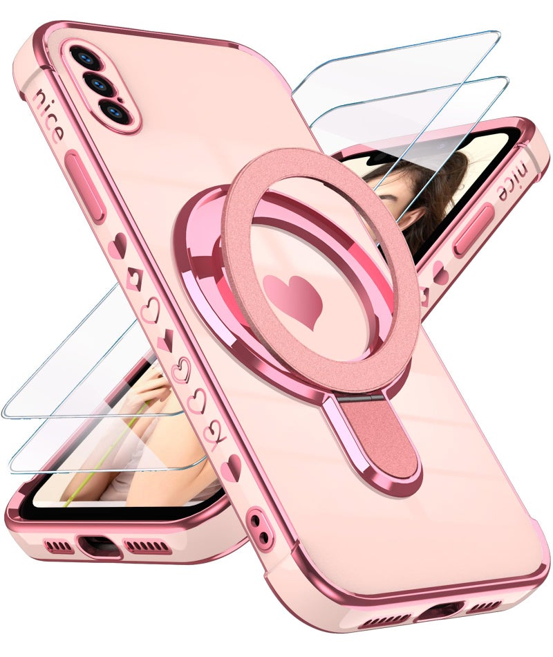 Liufcx for iPhone Xs Max 65 Love Heart Kickstand Case with 2X Screen Protector Luxury Plated Gold Edge Slim Soft TPU Shockproof Protection Case Cover for iPhone Xs Max Pink - Image 3