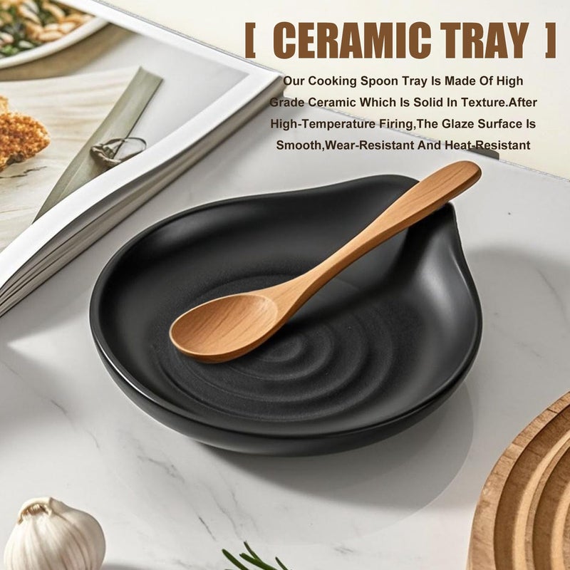 Cosmer Spoon Rest,Ceramic Spoon Holder for Stove Top Large Spatula Rest Cooking Spoons Rest for Kitchen Utensils Heat-Resistant Rest Large (Black) - Image 3