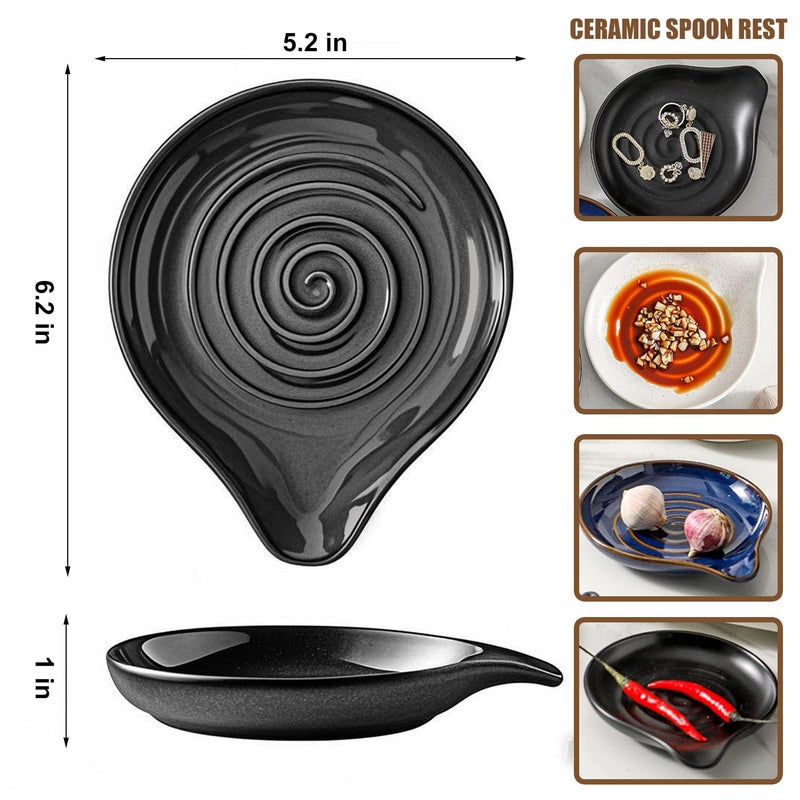Cosmer Spoon Rest,Ceramic Spoon Holder for Stove Top Large Spatula Rest Cooking Spoons Rest for Kitchen Utensils Heat-Resistant Rest Large (Black) - Image 2
