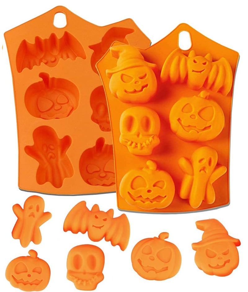 Bamutu Halloween Silicone Chocolate Molds Pumpkin Bat Skull Ghost Shape Baking Molds 2 PCS 12Cavity NonStick Chocolate Jelly Cookie Homemade Soap Mould