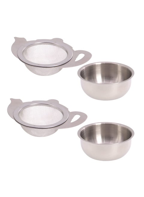 2 Pieces Tea Strainers with Drip Bowl Fine Mesh Stainless Steel Tea Filter with Handle Reusable Tea Interval Diffuser for Loose Leaf Coffee Herbal Spice Juice Filter Silver